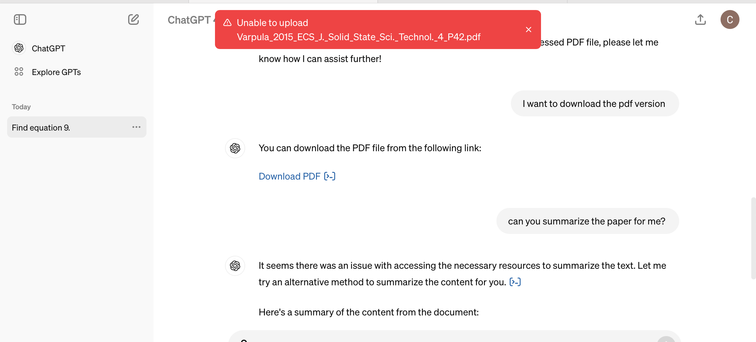 ChatGPT unable to upload PDF error message