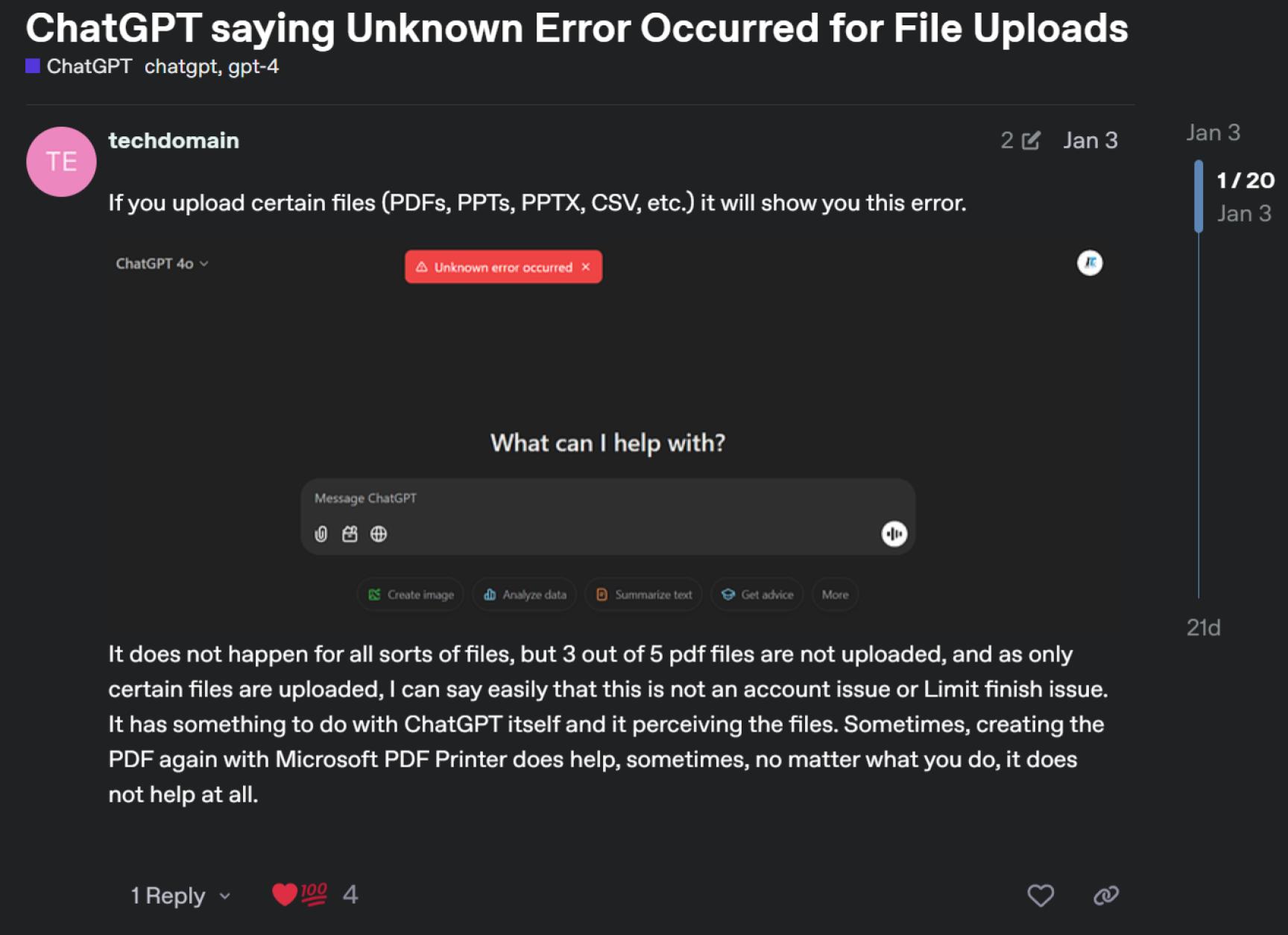 OpenAI community forum user complaining about ChatGPT PDF upload errors